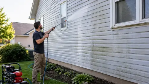 Before and after house soft washing results from Clear Exterior